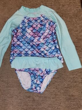 Kids Long-Sleeve Mermaid Rash Guard Swim Set - Light Aqua & Multicolor